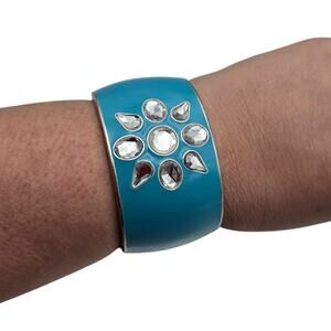 Turquoise Enamel Wide Bangle Rhinestone Floral Bracelet - Bold Coastal Glam